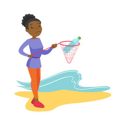 Young african-american woman catching plastic bottle from polluted sea or ocean. Woman collecting trash from water. Water and plastic pollution concept. Vector cartoon illustration. Square layout.