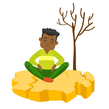 Young frustrated african-american man sitting on cracked earth near dry tree because of drought. Concept of climate change and global warming. Vector cartoon illustration isolated on white background.