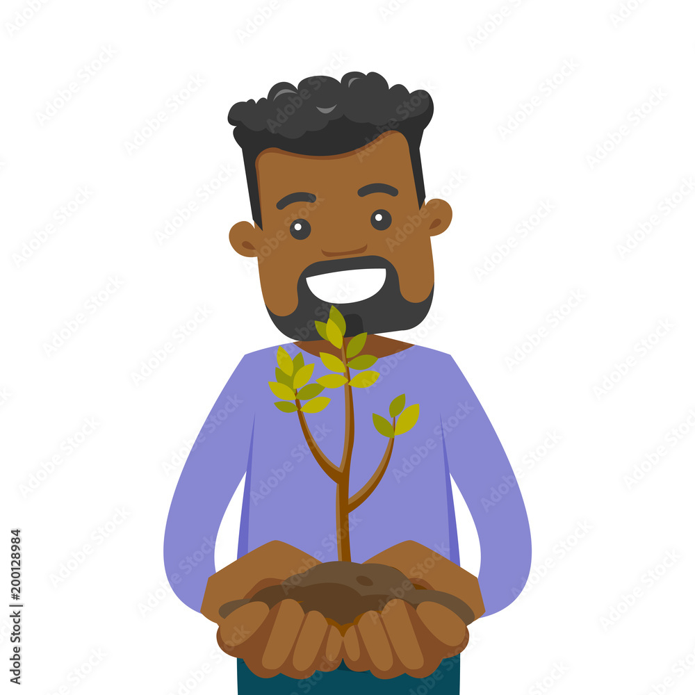 Sticker young african-american man holding green small plant with soil in hands. ecology and green energy co