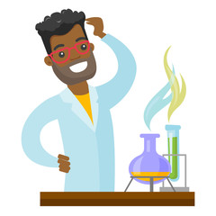 African-american student carrying out experiment in chemistry class. Young student scratching head because of failed experiment. Vector cartoon illustration isolated on white background. Square layout