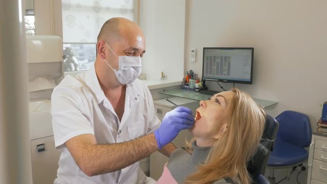 Professional look. Professional male dentist orthodontist checking teeth of his female client. The doctor shows the woman an album with photos of teeth, with examples of works.