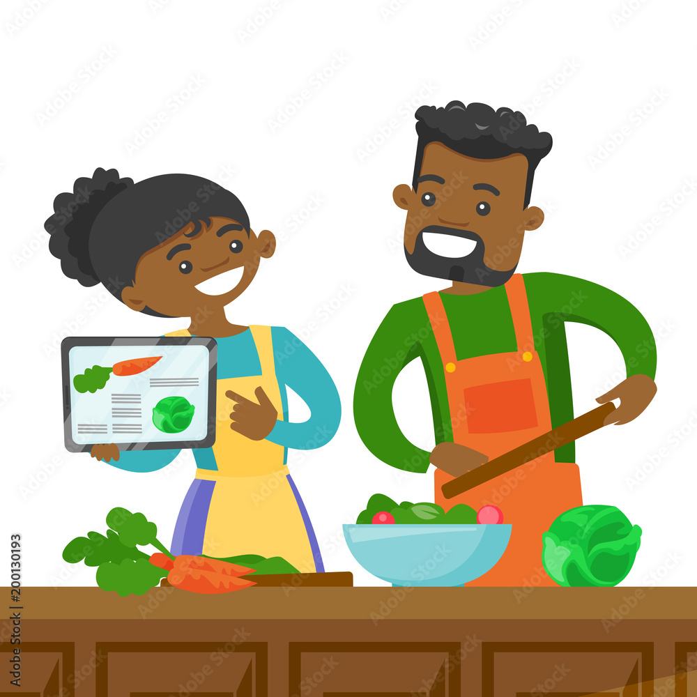 Poster african-american couple following a vegetable meal recipe on tablet and cooking meal together. coupl