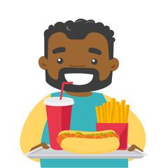 Young fat african-american man holding tray with fast food. Plump man having lunch in a fast food restaurant. Concept of unhealthy nutrition. Vector cartoon illustration isolated on white background.