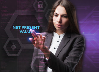 The concept of business, technology, the Internet and the network. A young entrepreneur working on a virtual screen of the future and sees the inscription: Net present value