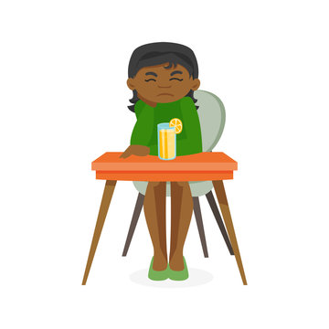 Disappointed african-american woman sitting at the table with orange alcohol cocktail. Woman in depression resting in the bar with alcohol. Vector cartoon illustration isolated on white background.
