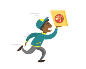 Young african-american pizza delivery boy running with cardboard box with pizza. Concept of food delivery and fast food. Vector cartoon illustration isolated on white background. Square layout.