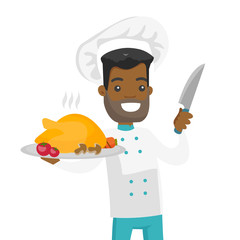 Young african-american smiling chief cook in uniform and hat holding knife and plate with whole roasted chicken. Cook with whole baked chicken. Vector cartoon illustration isolated on white background