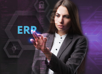 The concept of business, technology, the Internet and the network. A young entrepreneur working on a virtual screen of the future and sees the inscription: ERP