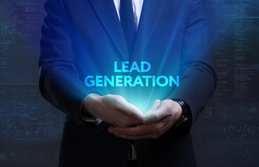 Business, Technology, Internet and network concept. Young businessman working on a virtual screen of the future and sees the inscription: Lead generation