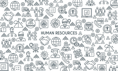 Business management and human resources banner. Modern icons on theme business people, analysis, organization, conference and office working. Thin line design icons collection. Vector illustrationr