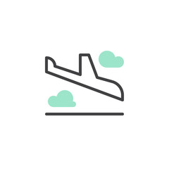 Landing plane icon vector, linear flat sign, bicolor pictogram, green and gray colors. Arrival airplane symbol, logo illustration