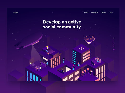 People on the roofs communicating and entertaining. Social networking platform concept. Landing page template. 3d vector isometric illustration.