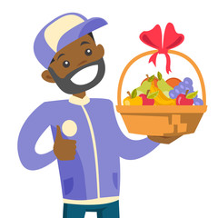 African-american delivery courier delivering fruit gift basket. Delivery man in uniform holding gift fruit basket with bow. Vector cartoon illustration isolated on white background. Square layout.