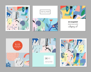 Collection of creative universal artistic cards. Hand Drawn textures. Trendy Graphic Design for banner, poster, card, cover, invitation, placard, brochure, flyer. Vector