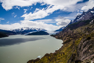 Naklejka premium Trekking in Torres del Paine Nation Park with view Grey Glacier, Patagonia, Chile