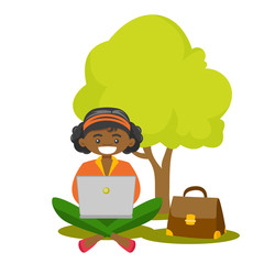 African-american business woman working on a laptop in the park. Young smiling woman sitting under the tree and using a laptop. Vector cartoon illustration isolated on white background. Square layout.