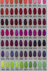 Set of different nail polish colours on palette in cosmetic store. Wide range of nail coloring.