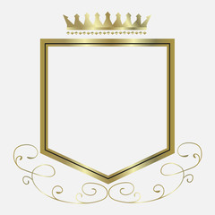 Shield modern heraldic shapes logo with crown in golden colors