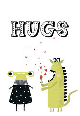Hugs - Funny nursery poster with cute monsters and lettering. Vector illustration in scandinavian style
