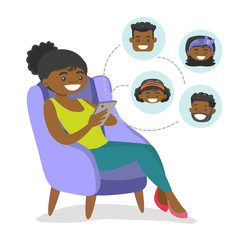 Young african-american woman sitting on armchair and using a smartphone with network avatar icons above. Woman surfing in the internet. Social media concept. Vector cartoon illustration. Square layout