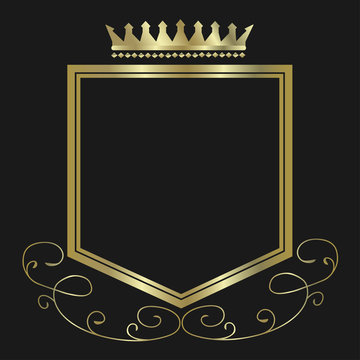 Shield modern heraldic shapes logo with crown in golden colors