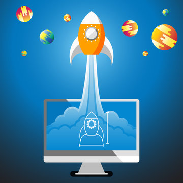 Flat rising rocket from computer desktop to the space vector illustration