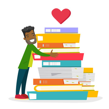 Young african-american male student hugging huge stack of books