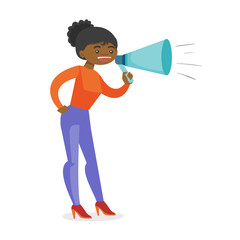 African-american speaker holding a megaphone. Promoter advertising using a speaker. Business woman speaking into megaphone. Social media marketing concept. Vector cartoon illustration. Square layout.
