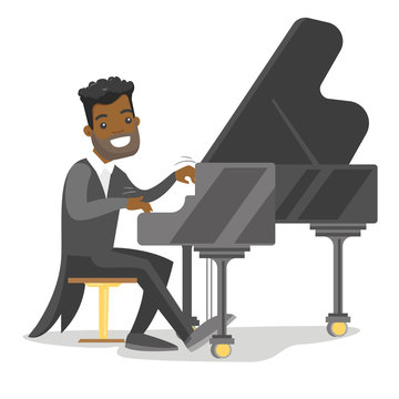 Young african-american musician playing piano. Pianist playing upright piano. Smiling pianist performing on synthesizer. Vector cartoon illustration isolated on white background. Horizontal layout.