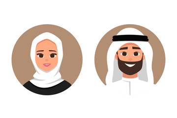 Cartoon arab man and woman avatars happy emotion. smiling face of a successful young moslem people flat style vector illustration of isolated layers on a white background