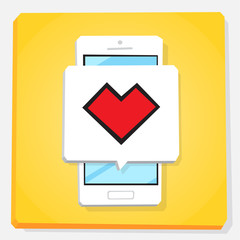 Smartphone 3d isometry flat design illustration. Window with red heart icon on mobile phone screen. Notification about new likes. Concept of dating app.