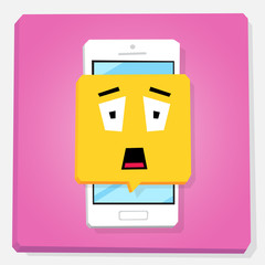 Smartphone 3d isometry flat design illustration. Shocked face in notification window on mobile phone screen. Expression of scare emoji. Concept of feedback or chat sticker.