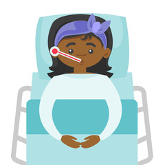 Sick african-american woman laying in hospital bed. Sick woman measuring temperature with a thermometer and suffering from cold. Vector cartoon illustration isolated on white background. Square layout