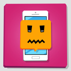 Smartphone 3d isometry flat design vector illustration. Face with scrunched mouth in notification window on mobile phone screen. Death emoji. Concept of feedback or chat sticker.