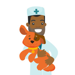 Young african-american veterinarian doctor holding a dog. Veterinarian doctor in medical gown carrying a dog. Medicine and pet care concept. Vector cartoon illustration isolated on white background.