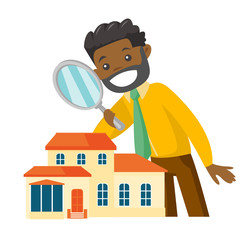 Young african-american businessman using a magnifying glass for looking for a new house. Man using a magnifier to check a house. Vector cartoon illustration isolated on white background. Square layout