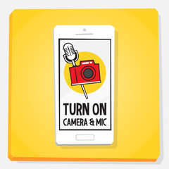 Smartphone 3d isometry flat design illustration. App request permission for turn on camera and microphone on mobile phone screen.