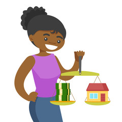 African-american woman holding scales with stack of money and the model of house. Woman choosing between savings and real estate investment. Vector cartoon illustration isolated on white background.