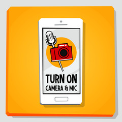 Smartphone 3d isometry flat design vector illustration. App request permission for turn on camera and microphone on mobile phone screen.