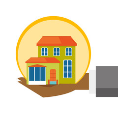 Fototapeta premium Hand of insurance agent with house model. Miniature house in human hands. Property insurance and security concept. Vector cartoon illustration isolated on white background. Square layout.