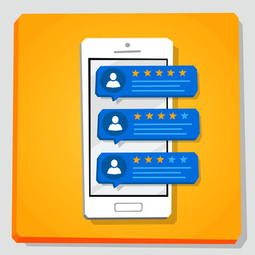 Smartphone 3d isometry flat design vector illustration. Speech bubbles with user testimonial on mobile phone screen. 5 star rating review with good and bad feedback or messages.