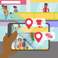 Hands holding tablet with augmented reality application that shows information guide about goods and discounts in shopping mall