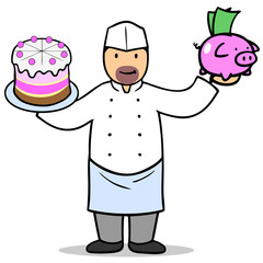 Konditor mit Torte und Sparschwein