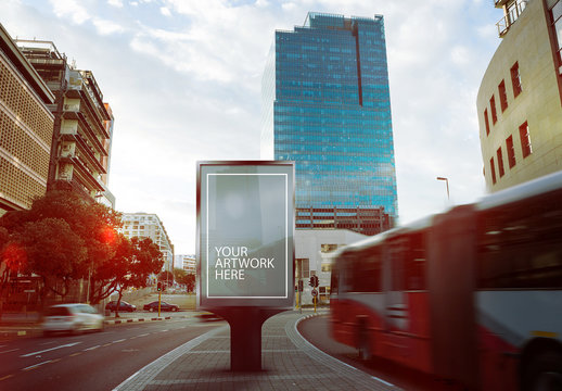 Advertising Kiosk in Middle of City Street Mockup
