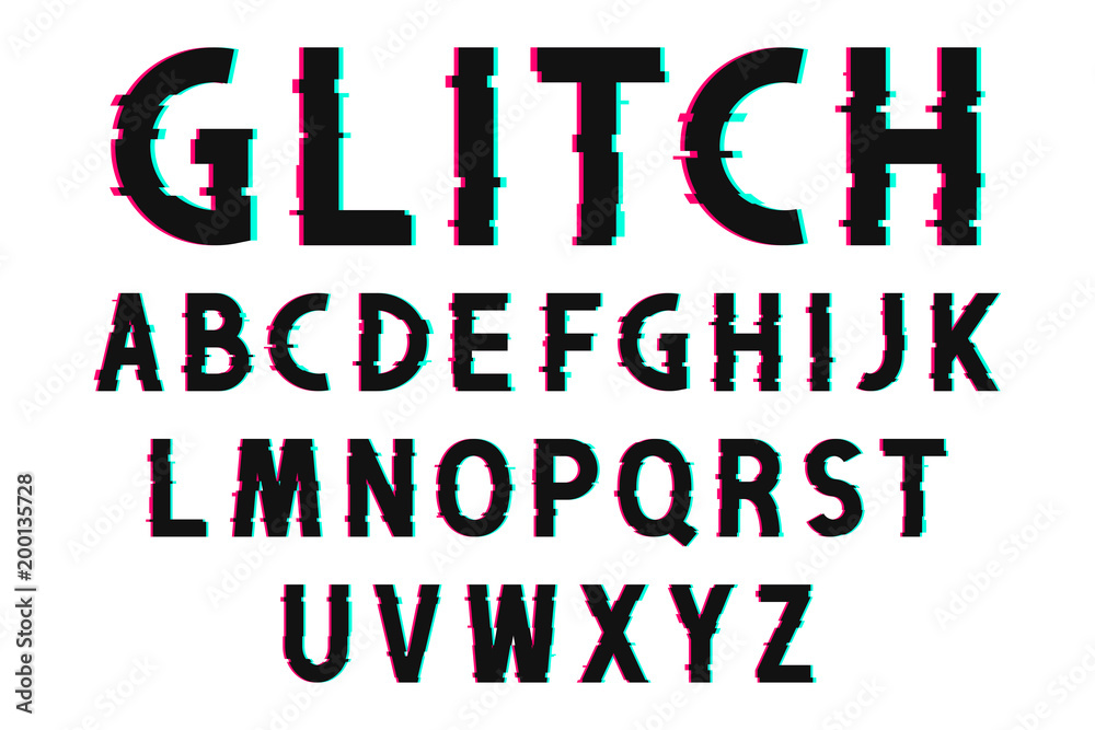 Fototapete glitch font with distorted effect in 80s and 90s style. glitch english alphabet with tv screen noise
