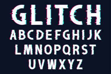 Glitch font with distorted effect in 80s and 90s style. Glitch english alphabet with tv screen noise effect