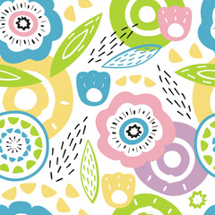 seamless pattern with different plants and leaves naive style. Flowers stylized on white background bright colors