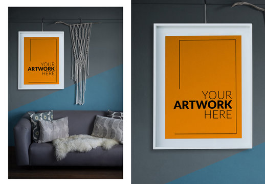 White Framed Canvas on Wall of Living Room Mockup