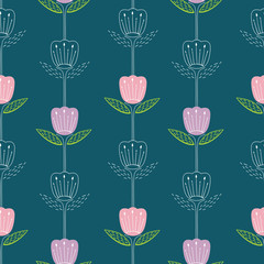seamless pattern with bluebell, campanula naive style. Flowers stylized on dark blue background