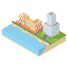 Isometric restaurant cafe and office on the beach, building block flat 3D design, vector illustration